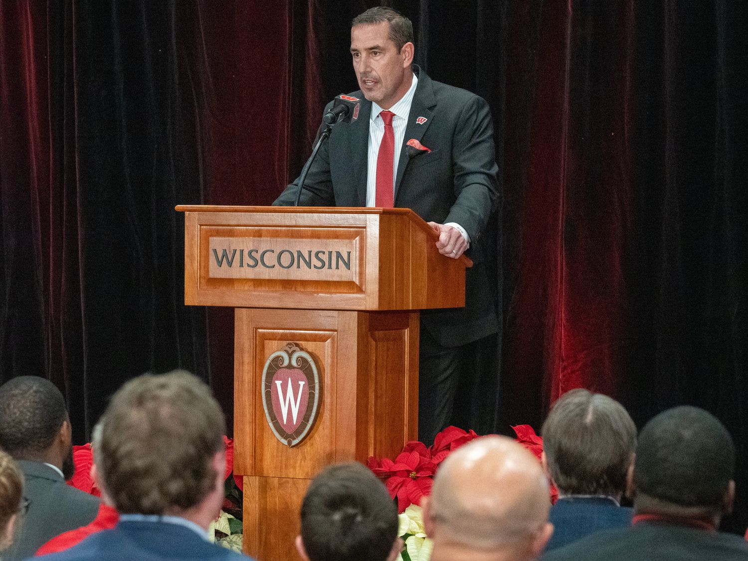Wisconsin head coach Luke Fickell speaking at his introductory press conference.